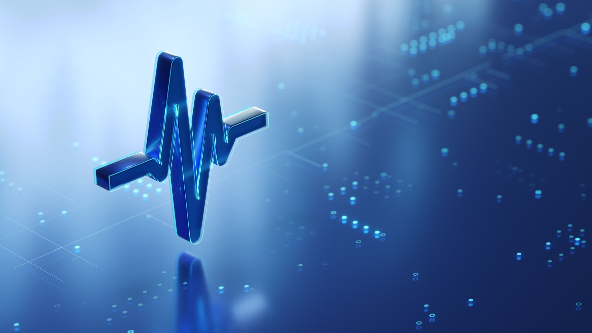 System status concept. Pulse / heartbeat 3D icon on the glossy futuristic surface with abstract glowing dots and lines